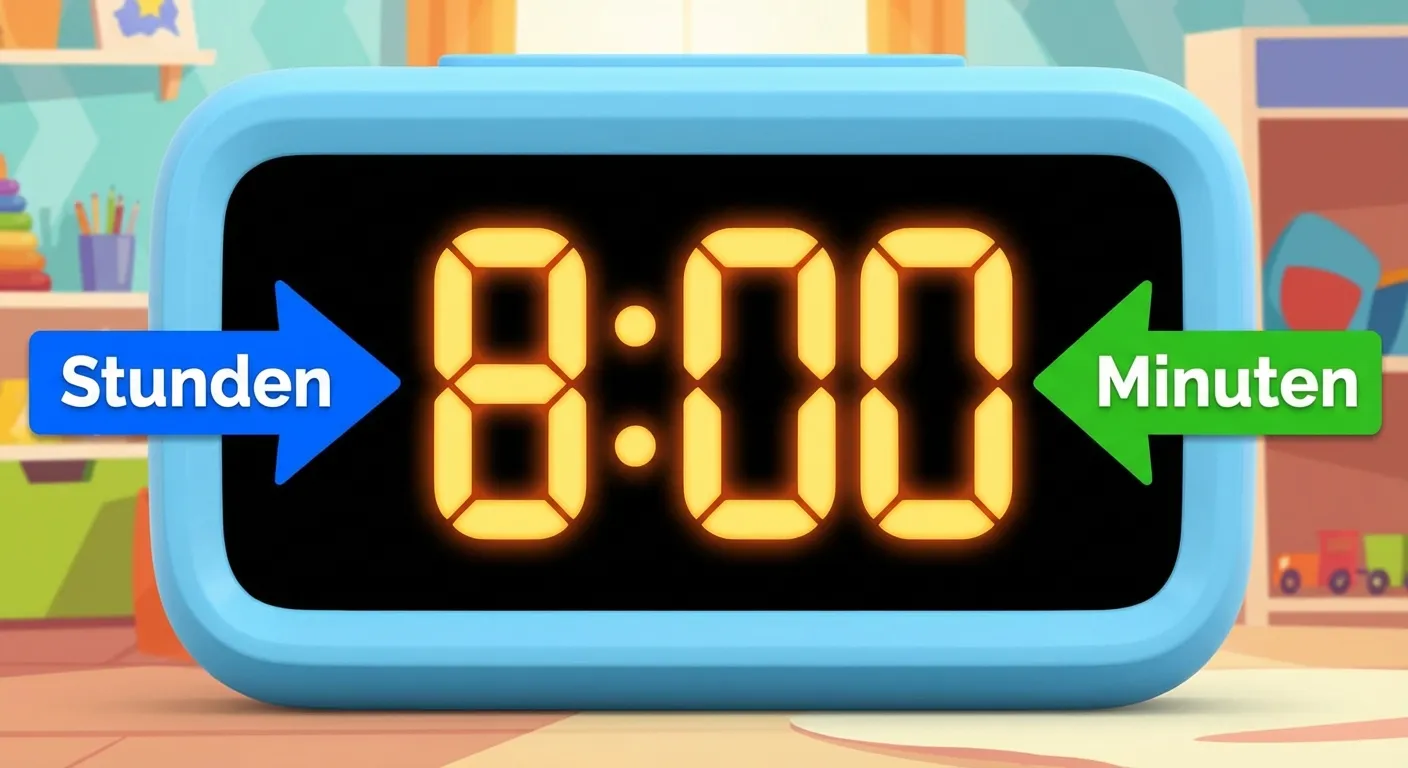 Zeige eine digitale Uhr mit der Anzeige 8:00.

**Aufbau:**
- Rechteckige digitale Anzeige
- Große Zahlen: 