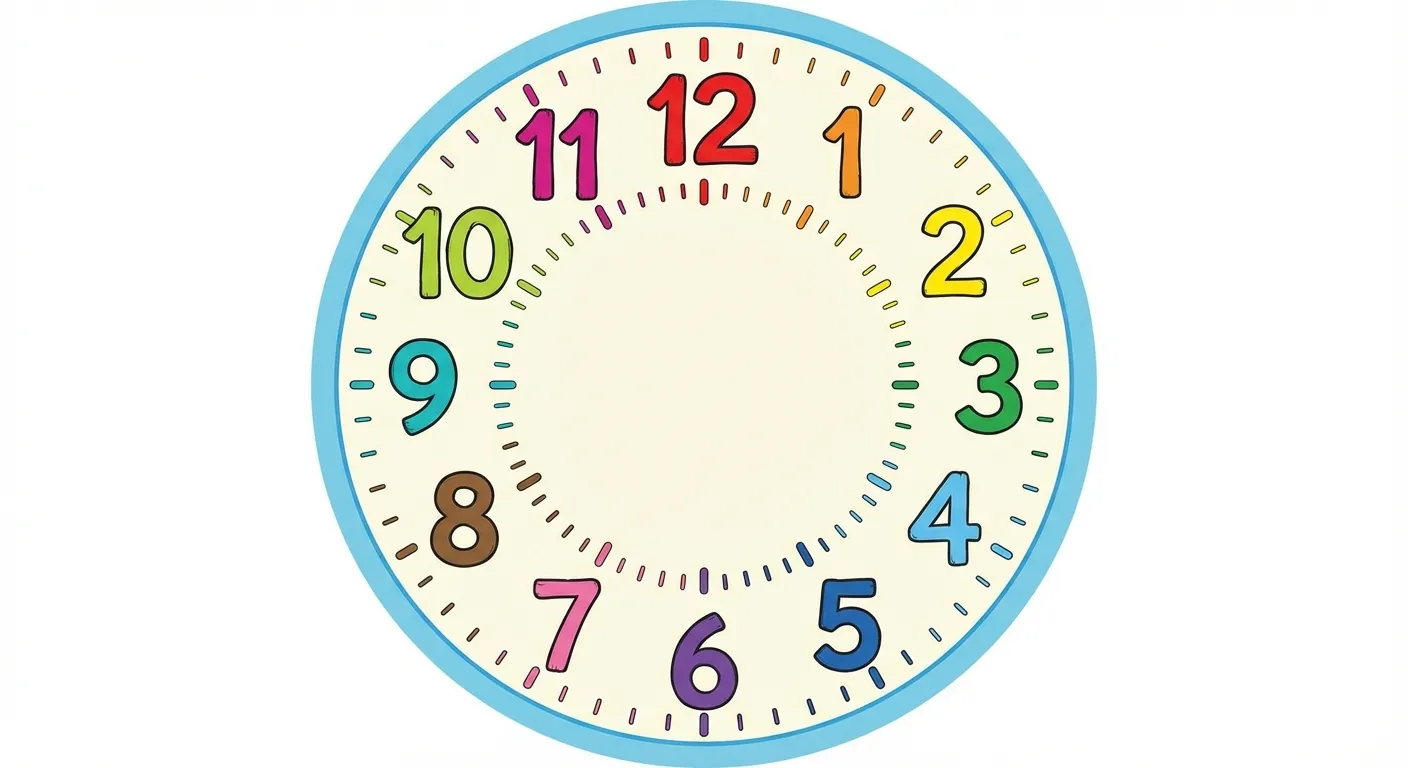 Zeige ein leeres Ziffernblatt ohne Zeiger, nur mit den Zahlen.

**Aufbau:**
- Großer Kreis
- Zahlen 1 bis 12 im Kreis angeordnet
- 12 oben, 3 rechts, 6 unten, 9 links
- Kleine Striche zwischen den Zahlen

**Gestaltung:**
- Große, bunte Zahlen (jede Zahl in anderer Farbe)
- Klarer, übersichtlicher Stil
- Kinderfreundlich für 2. Klasse