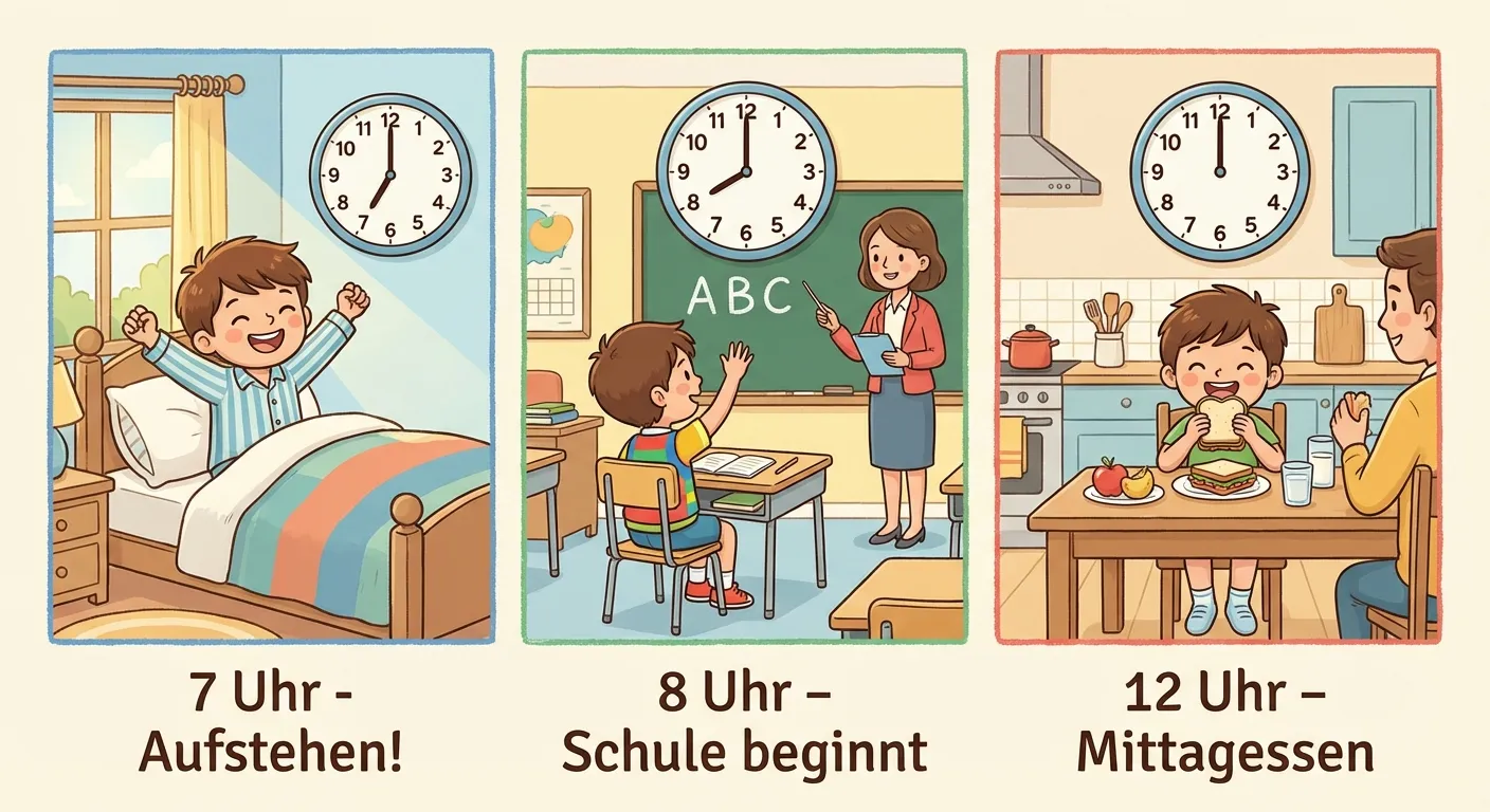 Zeige drei Szenen mit Uhren für einen typischen Kindertag.

**Aufbau:**
- Bild 1: Kind steht auf, Uhr zeigt 7 Uhr
  Text: 