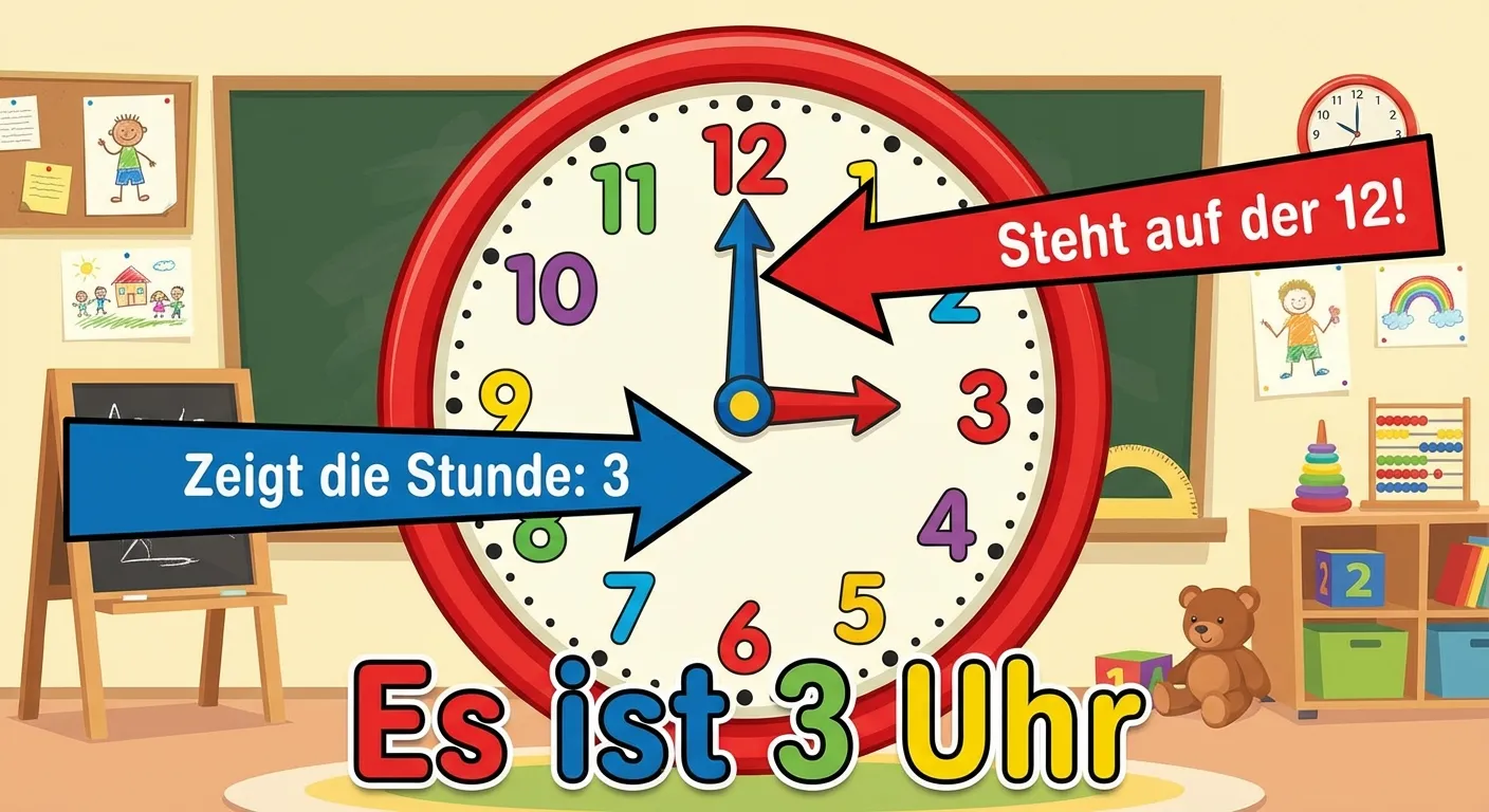 Zeige eine analoge Uhr, die 3 Uhr anzeigt.

**Aufbau:**
- Analoge Uhr mit Zahlen 1-12
- Langer Minutenzeiger zeigt nach oben auf die 12
- Kurzer Stundenzeiger zeigt auf die 3
- Pfeil zum Minutenzeiger: 