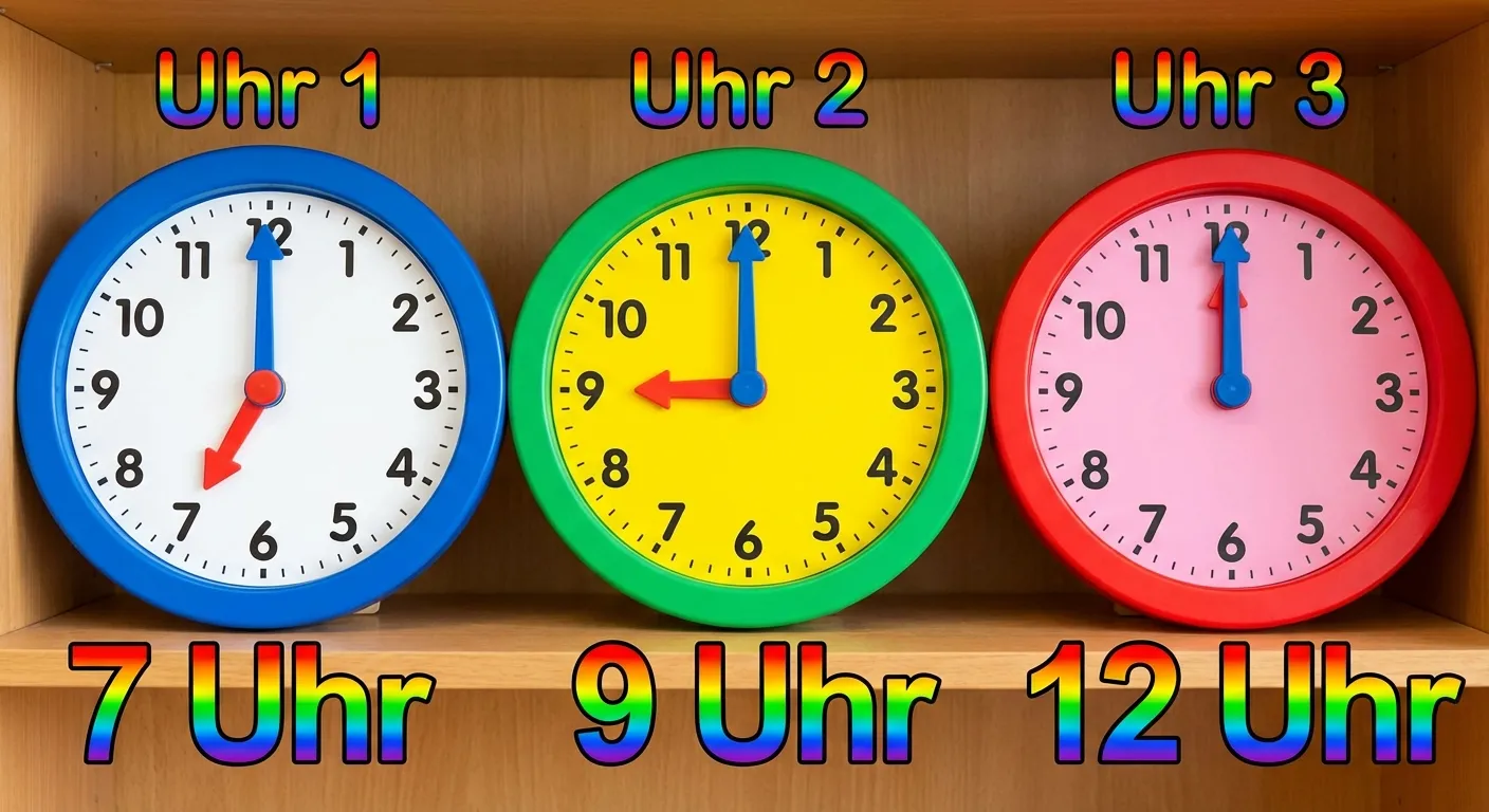 Zeige drei analoge Uhren nebeneinander mit verschiedenen vollen Stunden.

**Aufbau von links nach rechts:**
- Uhr 1: Minutenzeiger auf 12, Stundenzeiger auf 7
  Darunter: 