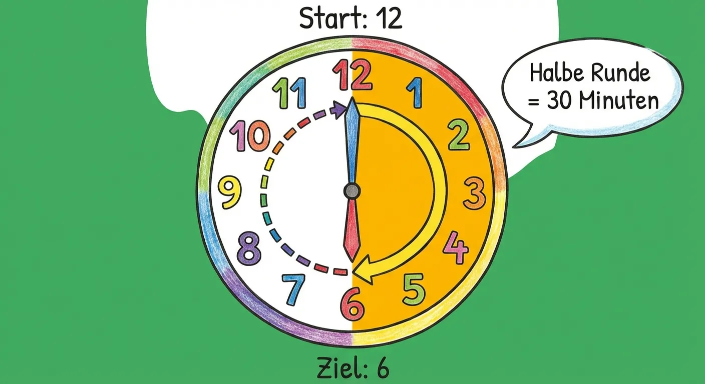 Zeige den Weg des Minutenzeigers von der 12 zur 6.

**Aufbau:**
- Analoge Uhr mit Zahlen 1-12
- Gestrichelte Linie zeigt den Weg von 12 über 1, 2, 3, 4, 5 zur 6
- Die Hälfte des Kreises ist farbig markiert
- Text oben: 