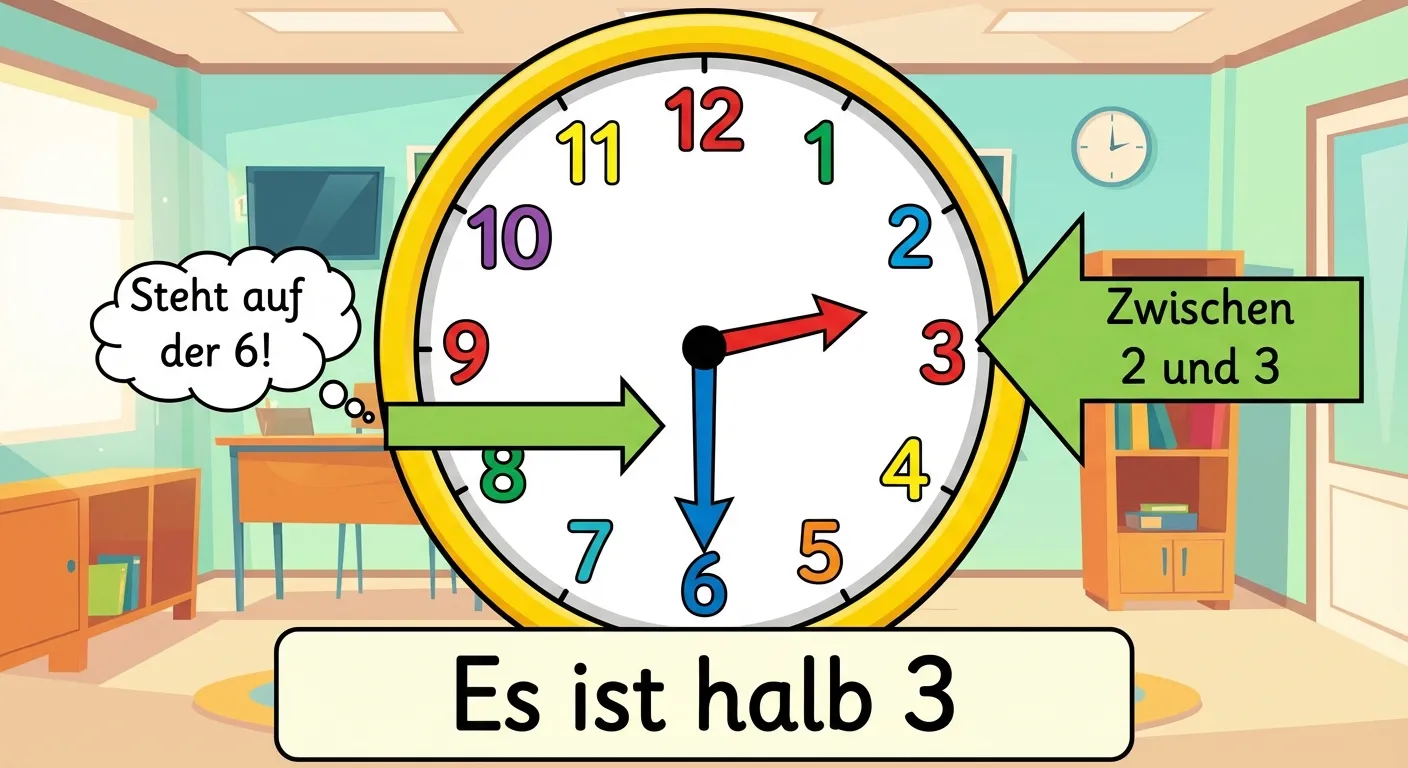 Zeige eine analoge Uhr, die halb 3 anzeigt.

**Aufbau:**
- Analoge Uhr mit Zahlen 1-12
- Langer Minutenzeiger zeigt nach unten auf die 6
- Kurzer Stundenzeiger steht zwischen 2 und 3
- Pfeil zum Minutenzeiger: 
