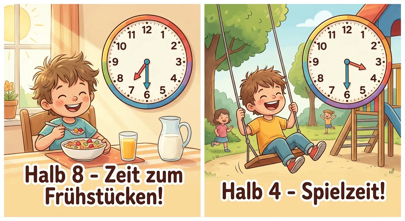 Zeige zwei Alltagsszenen mit halben Stunden.

**Aufbau:**
- Bild 1: Kind beim Frühstück, Uhr zeigt halb 8
  Text: 
