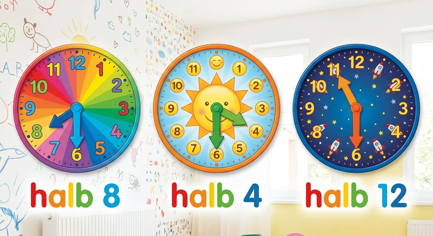 Zeige drei analoge Uhren nebeneinander mit verschiedenen halben Stunden.

**Aufbau von links nach rechts:**
- Uhr 1: Minutenzeiger auf 6, Stundenzeiger zwischen 7 und 8
  Darunter: 