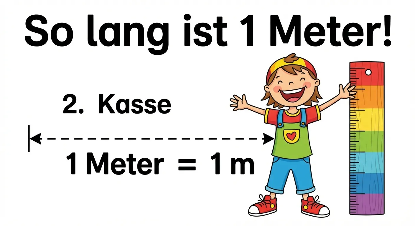 Zeige ein fröhliches Kind mit weit ausgestreckten Armen.

**Aufbau:**
- Ein Kind steht mit ausgestreckten Armen
- Die Spannweite der Arme ist markiert
- Beschriftung: 