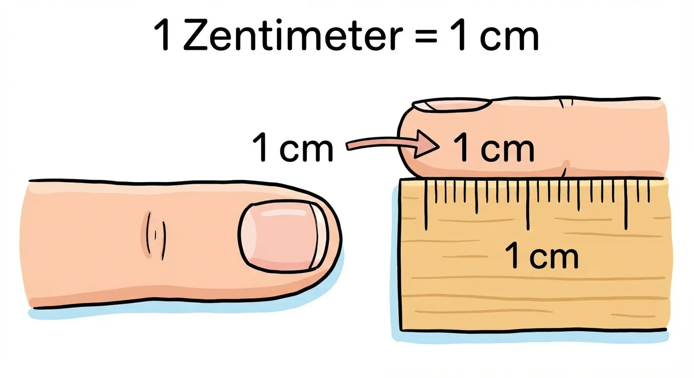 Zeige eine einfache Illustration eines Kinderfingers mit Fingernagel.

**Aufbau:**
- Ein Kinderfinger von der Seite
- Daneben ein kleines Lineal-Stück
- Der Fingernagel und 1 cm auf dem Lineal sind gleich lang
- Beschriftung: 