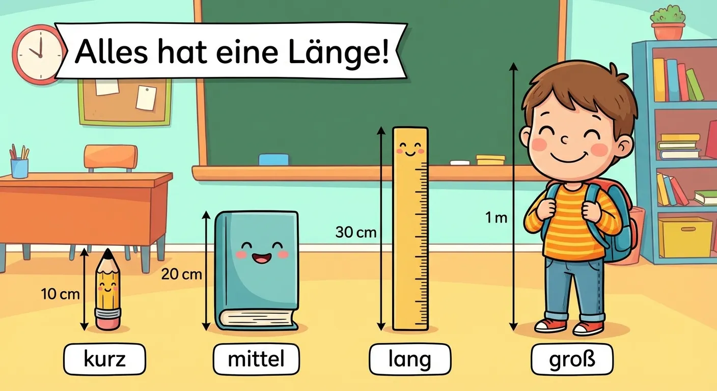 Zeige eine kindgerechte Illustration mit verschiedenen Alltagsgegenständen nebeneinander.

**Aufbau von links nach rechts:**
- Ein kurzer Bleistift (etwa 10 cm)
- Ein Buch (etwa 20 cm)
- Ein Lineal (30 cm)
- Ein Kind (etwa 1 m groß)

**Gestaltung:**
- Bunte, fröhliche Farben
- Cartoon-Stil für 2. Klasse
- Jeder Gegenstand klar erkennbar
- Unter jedem Gegenstand steht: 