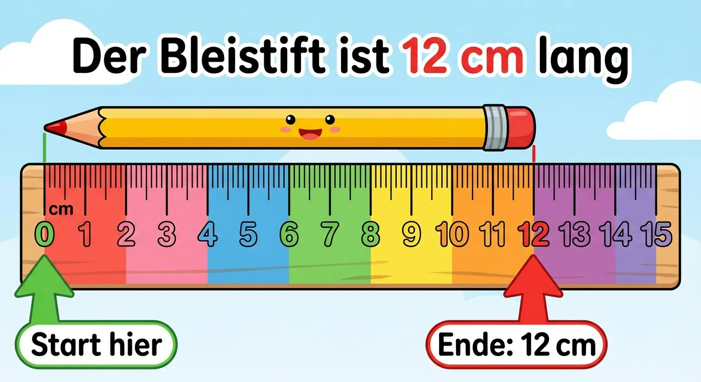 Zeige Schritt für Schritt, wie man einen Bleistift mit einem Lineal misst.

**Aufbau:**
- Ein Bleistift liegt waagerecht
- Darunter ein Lineal von 0 bis 15 cm
- Der Bleistift beginnt bei 0
- Der Bleistift endet bei 12
- Ein Pfeil zeigt auf die 0: 