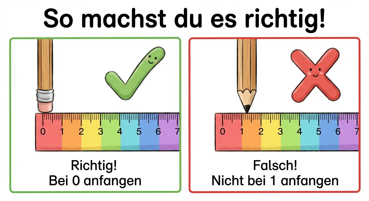 Zeige zwei Beispiele nebeneinander: richtig und falsch.

**Aufbau - linke Seite (RICHTIG):**
- Ein Stift liegt am Lineal
- Der Stift beginnt bei 0
- Grüner Haken darüber
- Text: 