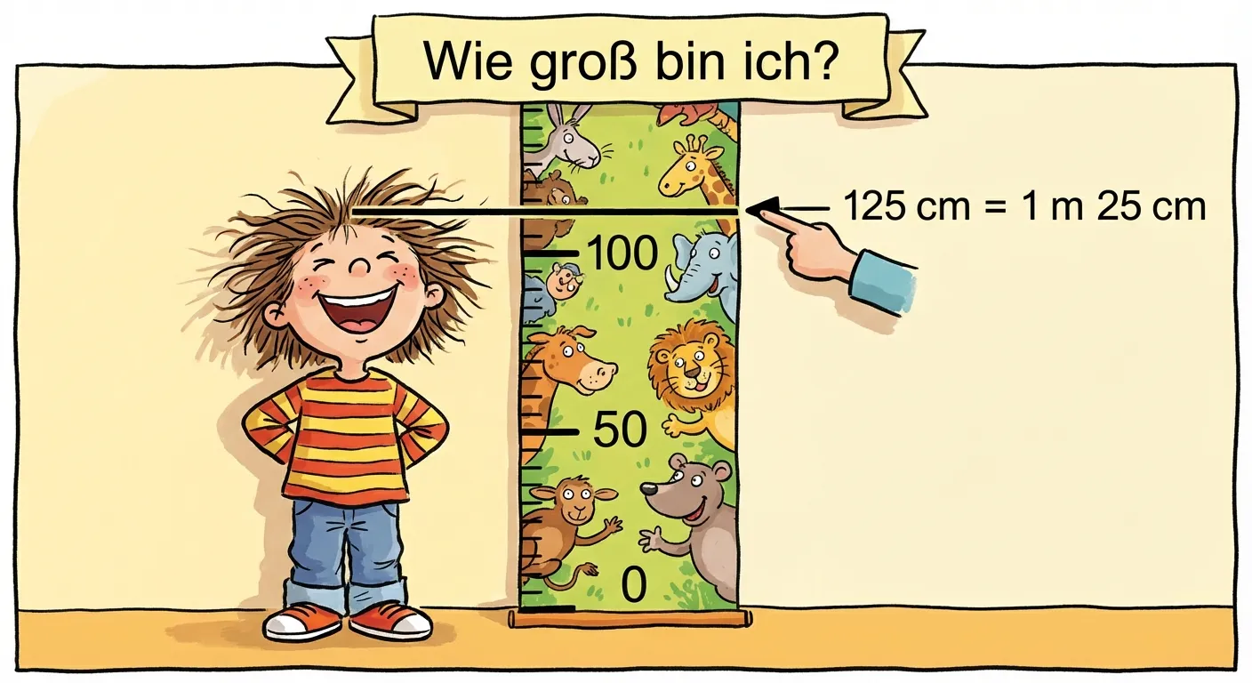 Zeige ein Kind, das an einer Messlatte steht.

**Aufbau:**
- Ein fröhliches Kind steht neben einer bunten Messlatte
- Die Messlatte zeigt Markierungen bei 0, 50, 100, 125 cm
- Eine Linie zeigt die Höhe des Kindes bei 125 cm
- Text daneben: 