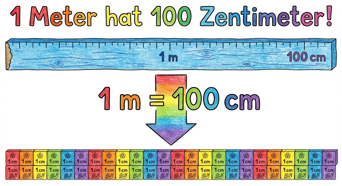 Zeige eine anschauliche Darstellung der Umrechnung.

**Aufbau:**
- Oben: Ein Meterstab mit 