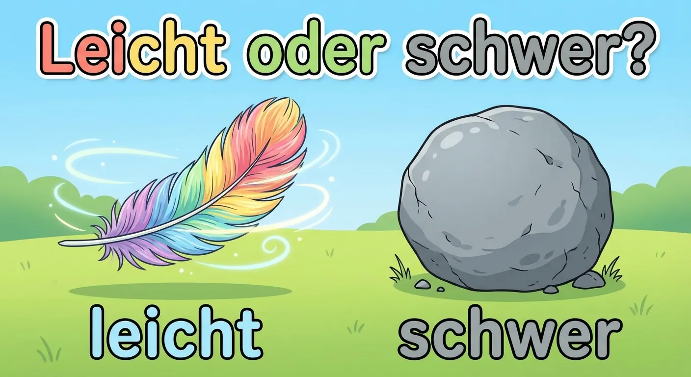 Zeige zwei Gegenstände nebeneinander zum Vergleich.

**Aufbau von links nach rechts:**
- Links: Eine bunte, flauschige Feder die sanft schwebt
- Rechts: Ein grauer, runder Stein der fest am Boden liegt
- Unter der Feder: 