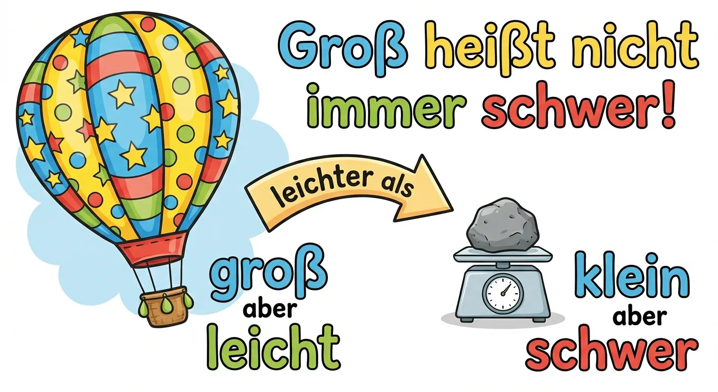 Zeige dass Größe nicht gleich Gewicht bedeutet.

**Aufbau:**
- Links: Ein sehr großer bunter Luftballon
- Rechts: Ein kleiner grauer Stein
- Unter dem Luftballon: 