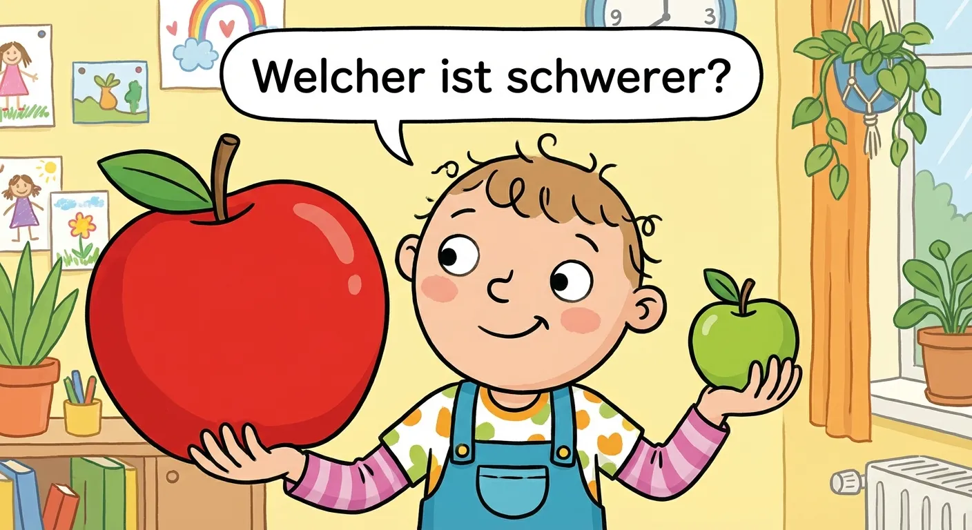 Zeige ein Kind das zwei Gegenstände vergleicht.

**Aufbau:**
- Ein fröhliches Kind steht in der Mitte
- In der linken Hand: ein großer roter Apfel
- In der rechten Hand: ein kleiner grüner Apfel
- Das Kind schaut nachdenklich
- Über dem Kind: 