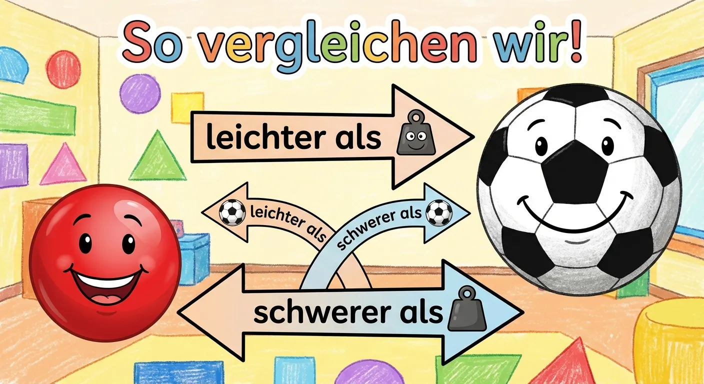 Zeige einen direkten Vergleich mit den passenden Wörtern.

**Aufbau:**
- Links: Ein kleiner roter Ball
- Mitte: Pfeile die zeigen 