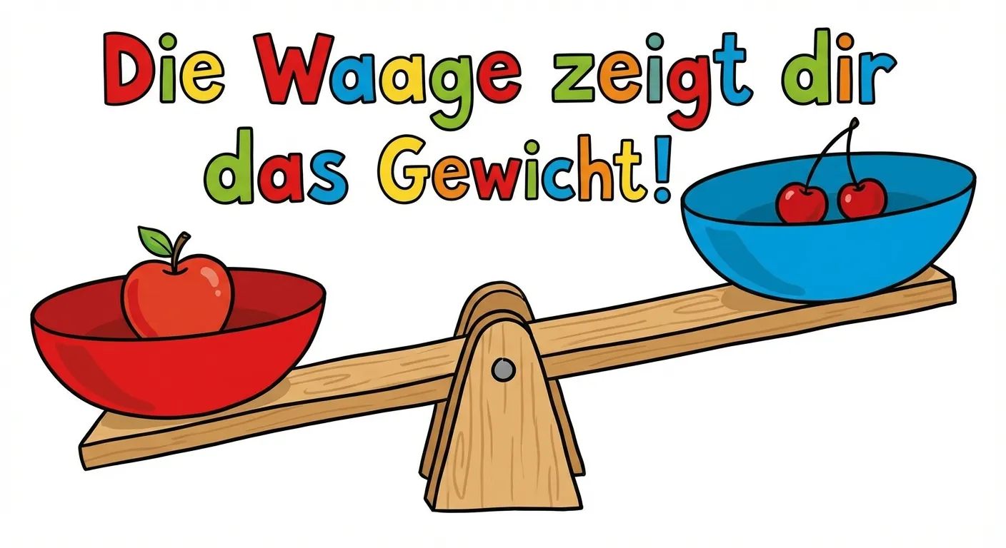 Zeige eine einfache Balkenwaage für Kinder.

**Aufbau:**
- Eine klassische Balkenwaage in der Mitte
- Linke Schale: Ein roter Apfel
- Rechte Schale: Zwei Kirschen
- Die Waage neigt sich nach links (Apfel-Seite ist unten)
- Überschrift: 
