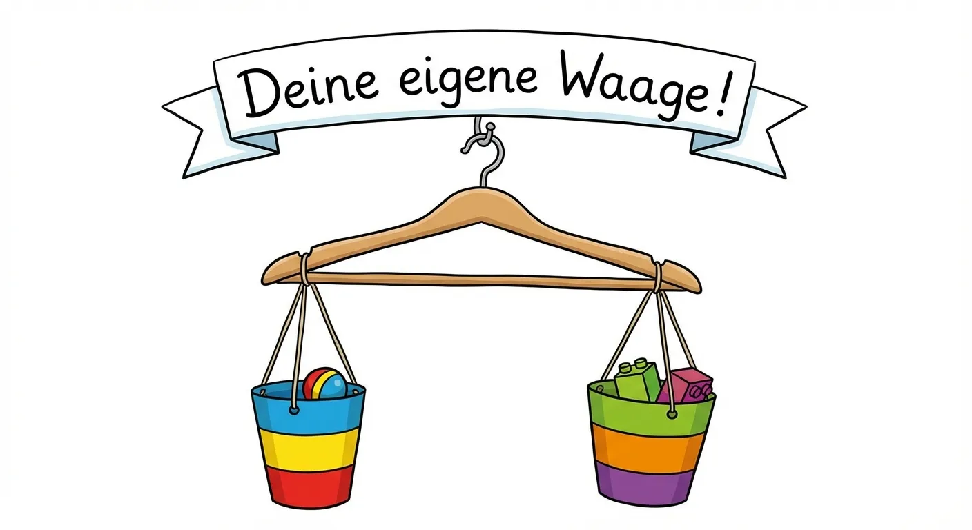 Zeige eine selbstgebaute Kleiderbügelwaage.

**Aufbau:**
- Ein Holz-Kleiderbügel hängt am Haken
- Links und rechts je ein bunter Becher an Schnüren
- Im linken Becher: Ein kleiner Ball
- Im rechten Becher: Zwei Bausteine
- Die rechte Seite hängt tiefer

**Gestaltung:**
- Überschrift: 