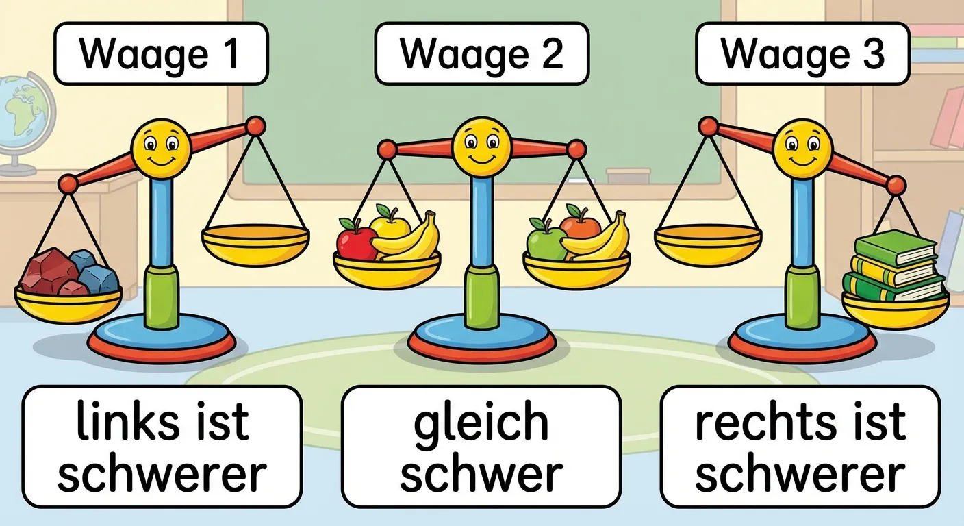 Zeige eine Waage in drei verschiedenen Zuständen nebeneinander.

**Aufbau von links nach rechts:**
- Waage 1: Links schwerer (links unten, rechts oben) - Beschriftung 