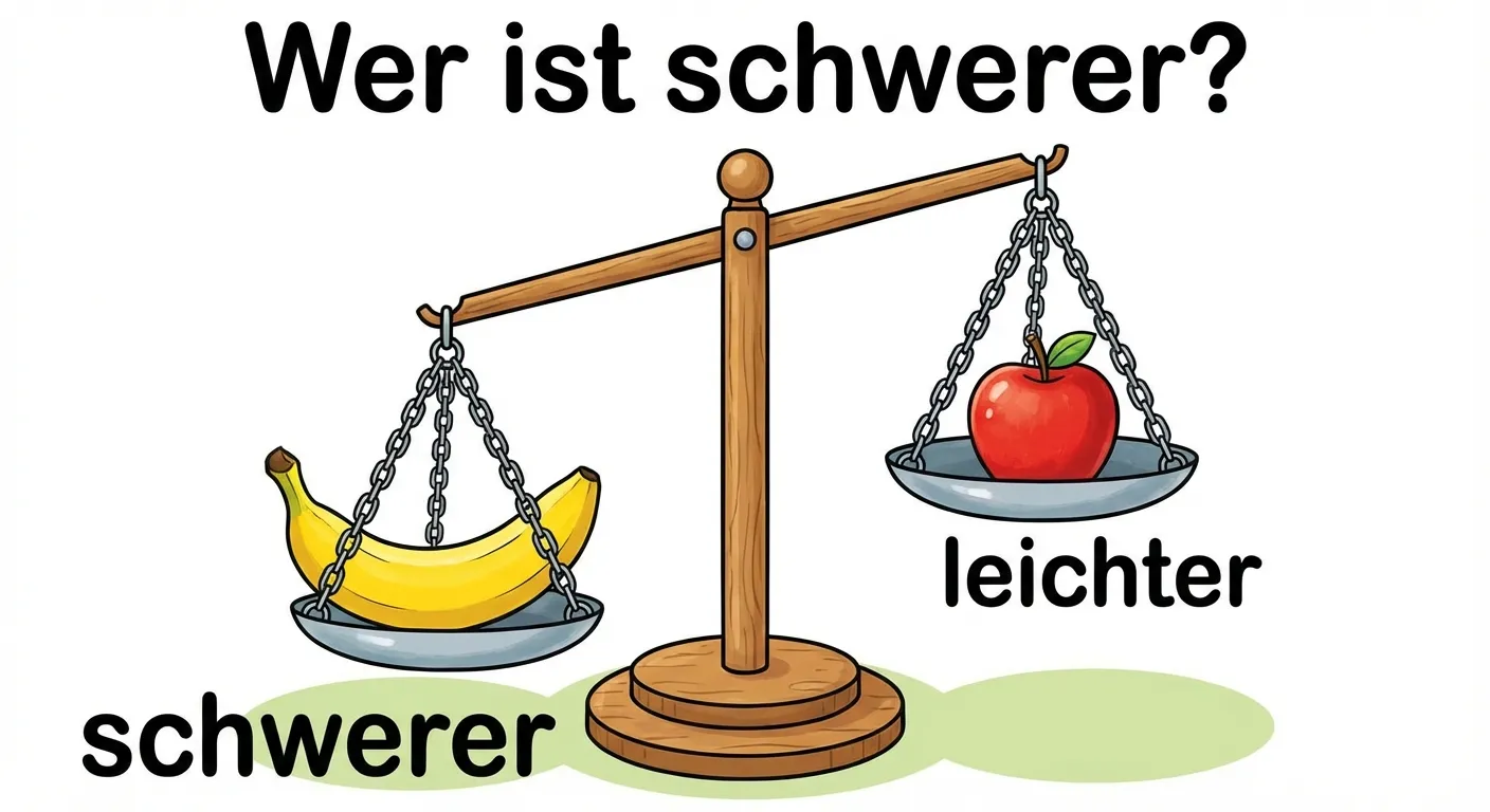 Zeige eine einfache Balkenwaage mit Früchten.

**Aufbau:**
- Eine klassische Balkenwaage in der Mitte
- Links: Eine Banane (die Schale hängt tiefer)
- Rechts: Ein Apfel (die Schale hängt höher)
- Die Waage ist nicht im Gleichgewicht

**Beschriftungen:**
- Unter der Banane: 
