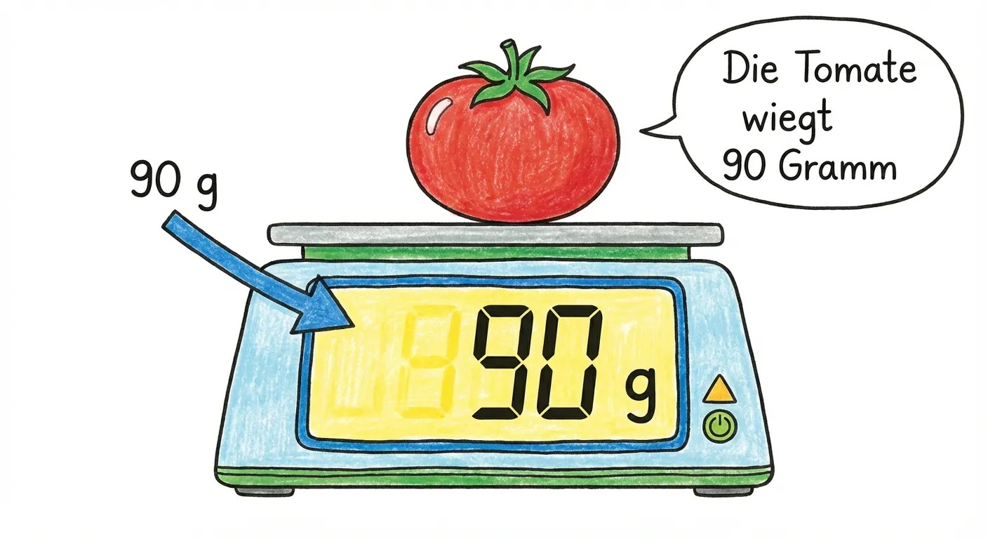 Zeige eine digitale Küchenwaage mit einer Tomate.

**Aufbau:**
- Eine moderne Küchenwaage mit Display
- Eine rote Tomate auf der Waage
- Das Display zeigt: 