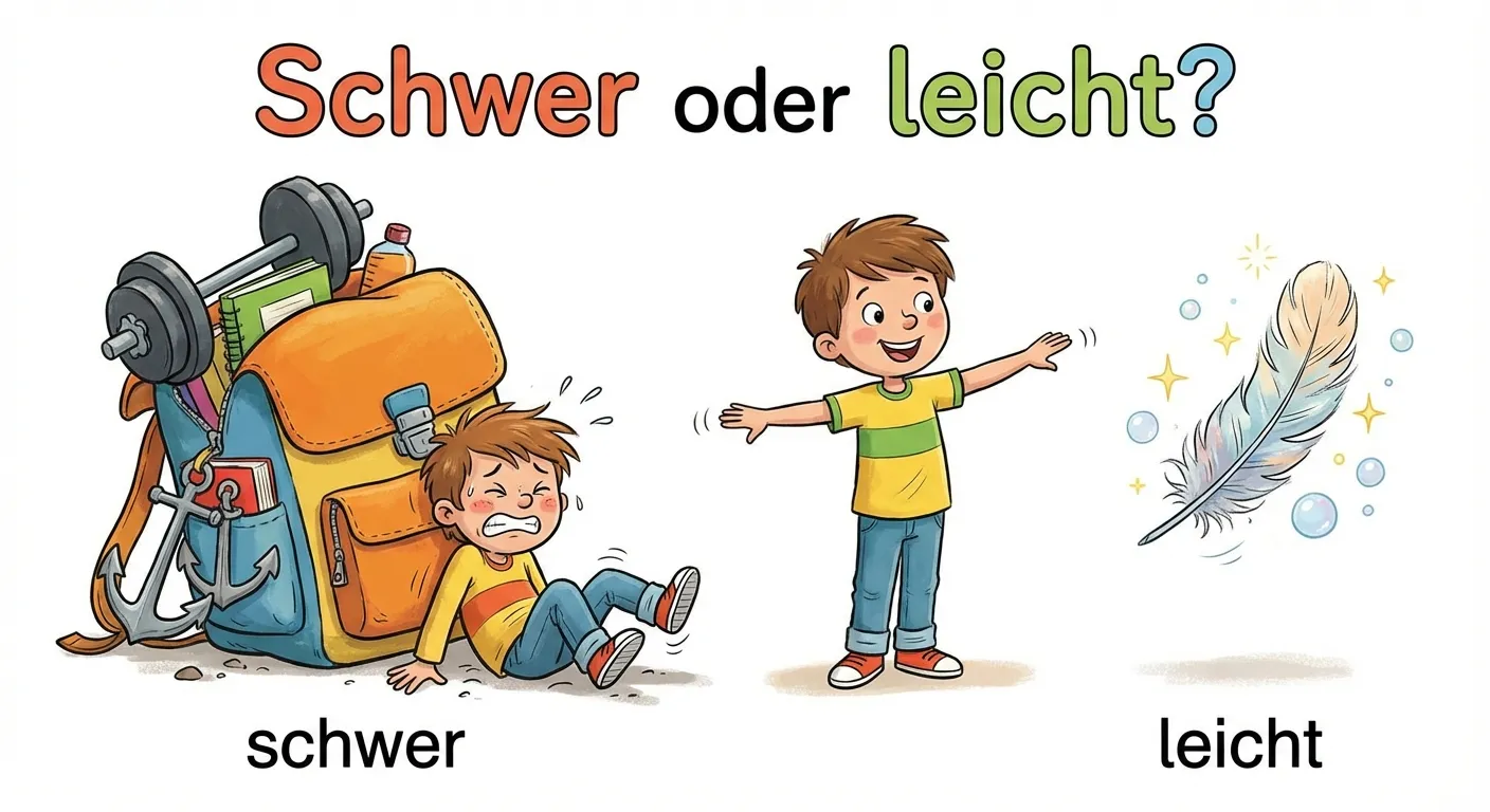 Zeige eine kindgerechte Illustration mit dem Konzept schwer und leicht.

**Aufbau von links nach rechts:**
- Links: Ein großer Schulranzen, der ein Kind nach unten zieht (übertrieben dargestellt)
- Mitte: Ein Kind das beide Hände ausstreckt
- Rechts: Eine Feder, die in der Luft schwebt

**Beschriftungen:**
- Unter dem Schulranzen: 