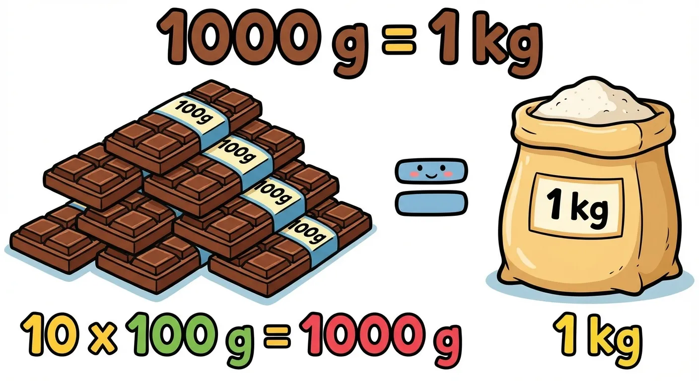 Zeige die Umrechnung 1000 g = 1 kg mit einem anschaulichen Beispiel.

**Aufbau:**
- Links: Ein Haufen von 10 Tafeln Schokolade (gestapelt)
- Mitte: Ein großes Gleichheitszeichen (=)
- Rechts: Ein Paket Mehl oder Zucker mit der Aufschrift 