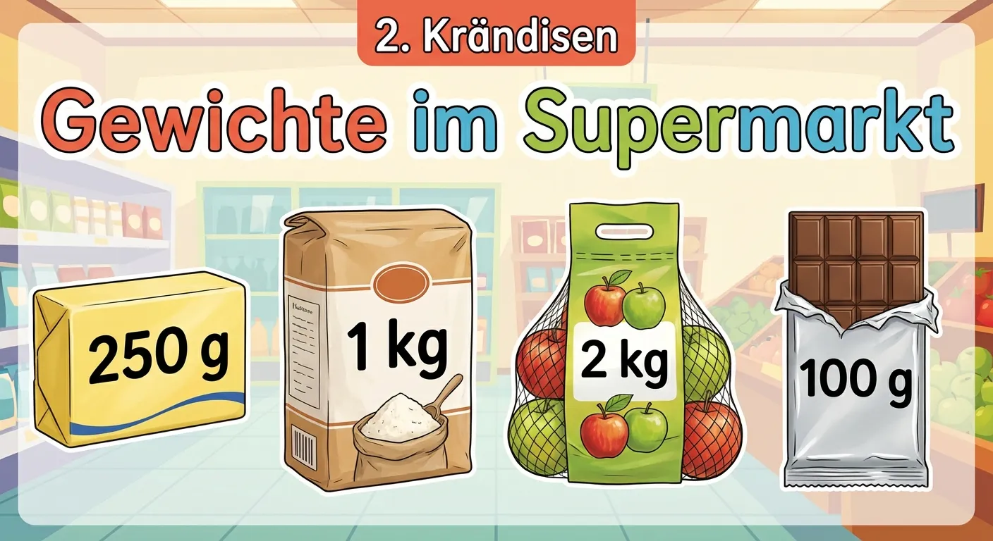 Zeige Supermarkt-Produkte mit ihren typischen Gewichten.

**Aufbau:**
- Vier Produkte nebeneinander:
  1. Butter-Packung mit 