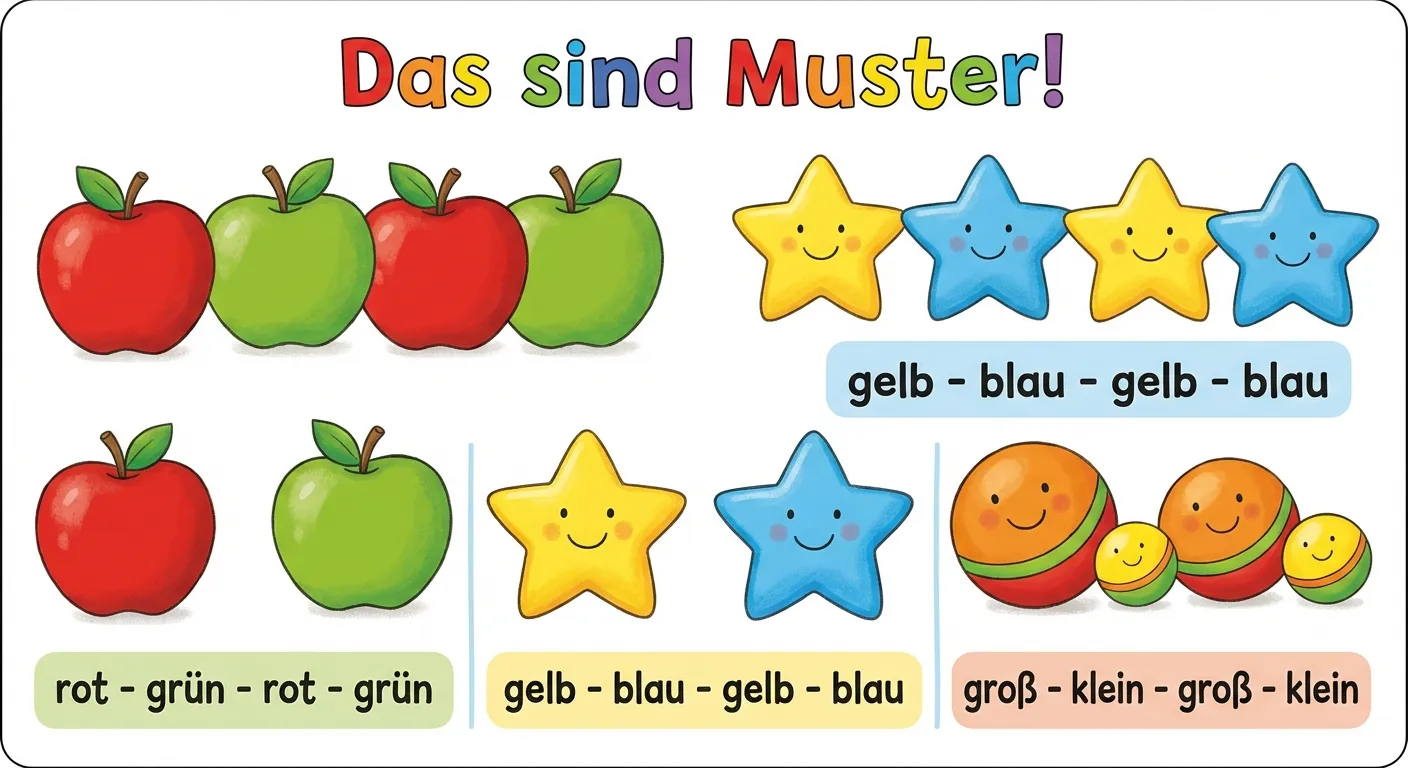 Zeige drei einfache Muster nebeneinander.

**Aufbau von links nach rechts:**
- Links: 6 Äpfel abwechselnd rot, grün, rot, grün, rot, grün in einer Reihe
- Mitte: 6 Sterne abwechselnd gelb, blau, gelb, blau, gelb, blau in einer Reihe
- Rechts: 6 Bälle abwechselnd groß, klein, groß, klein, groß, klein in einer Reihe

**Unter jedem Muster steht:**
- Links: 