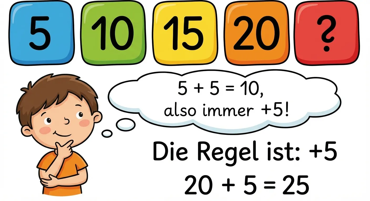 Zeige ein Beispiel mit der Zahlenreihe 5, 10, 15, 20.

**Aufbau:**
- Oben: Die Zahlen 5, 10, 15, 20, ? in bunten Boxen
- Darunter eine Denkblase mit einem Kind
- In der Denkblase: 