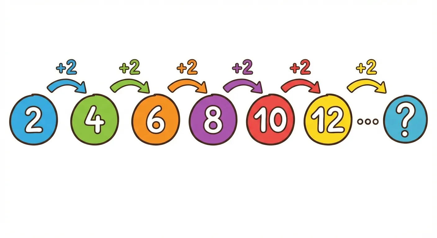 Zeige die Zahlenreihe 2, 4, 6, 8, 10, 12 mit Pfeilen dazwischen.

**Aufbau:**
- Horizontale Reihe mit den Zahlen: 2, 4, 6, 8, 10, 12
- Jede Zahl steht in einem bunten Kreis
- Zwischen den Kreisen geschwungene Pfeile nach rechts
- Über jedem Pfeil steht: 
