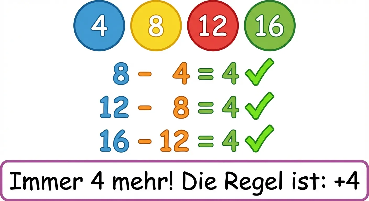 Zeige wie man den Unterschied berechnet.

**Aufbau:**
- Oben: Die Zahlen 4, 8, 12, 16 in bunten Kreisen
- Darunter: Rechenzeichen und Lösungen
- 