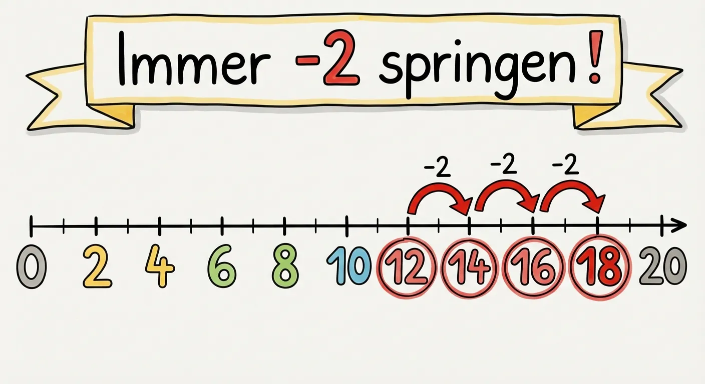 Zeige einen Zahlenstrahl von 0 bis 20 mit Sprüngen.

**Aufbau:**
- Horizontaler Zahlenstrahl von 0 bis 20
- Markierungen bei 0, 2, 4, 6, 8, 10, 12, 14, 16, 18, 20
- Rote Sprungpfeile von 18 zu 16, von 16 zu 14, von 14 zu 12
- Über den Pfeilen: 