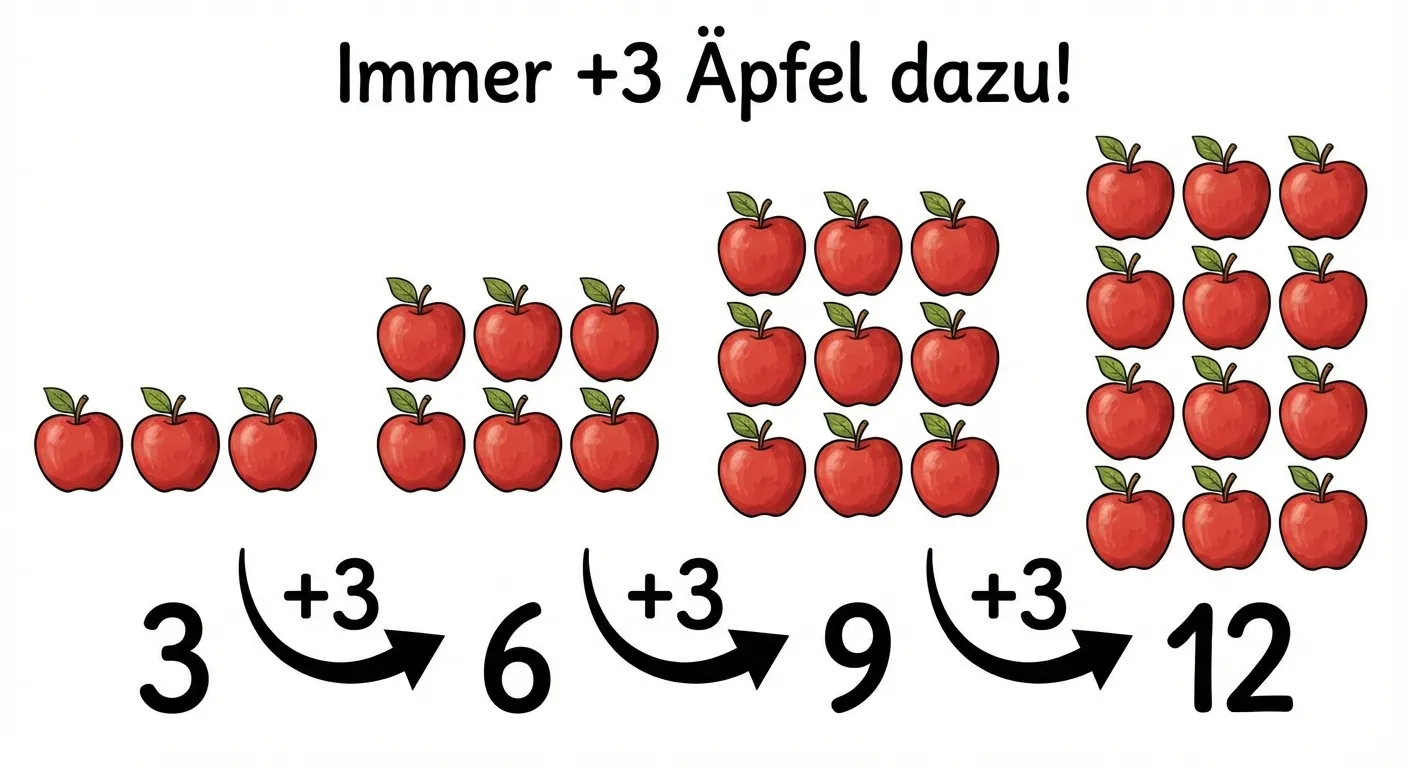 Zeige die Zahlenfolge 3, 6, 9, 12 mit Äpfeln.

**Aufbau:**
- 4 Gruppen von Äpfeln nebeneinander
- Gruppe 1: 3 rote Äpfel, darunter 