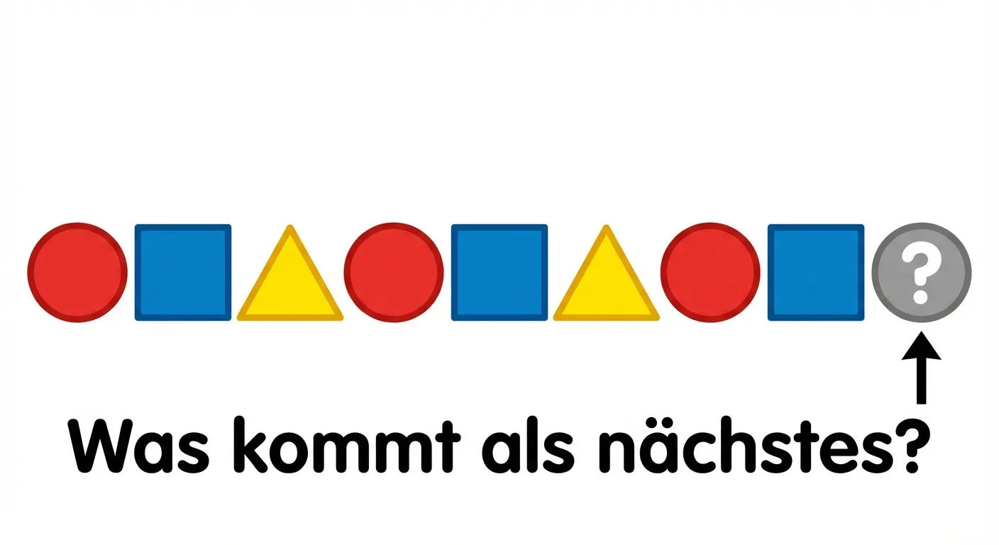Zeige ein Muster aus drei verschiedenen geometrischen Formen.

**Aufbau:**
- Eine horizontale Reihe mit 9 Formen
- Die Reihenfolge: Kreis, Quadrat, Dreieck, Kreis, Quadrat, Dreieck, Kreis, Quadrat, Dreieck
- Der Kreis ist rot
- Das Quadrat ist blau
- Das Dreieck ist gelb
- Am Ende: Fragezeichen in einem grauen Kreis

**Unter dem Muster:**
- Text: 