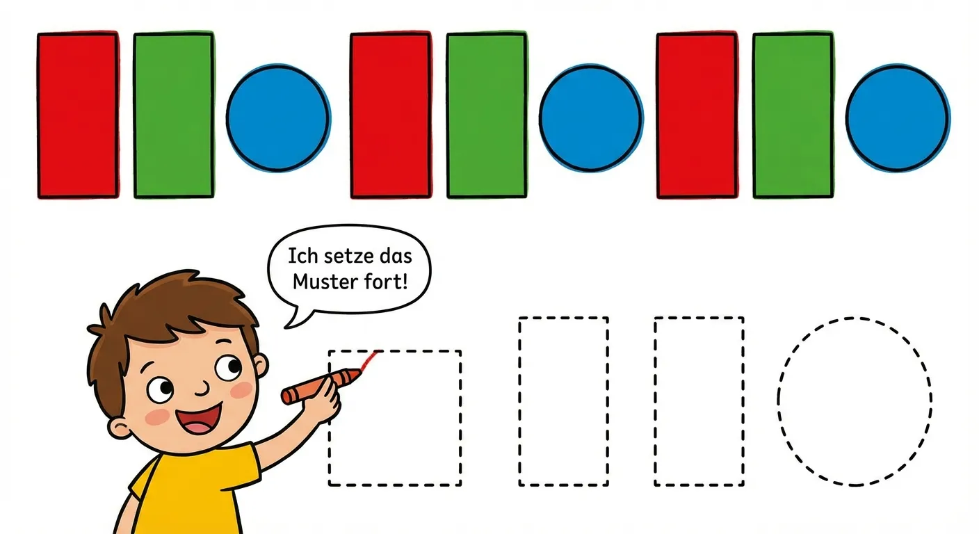 Zeige ein Muster, das fortgesetzt wird.

**Aufbau:**
- Oben: Ein Muster aus Rechteck, Rechteck, Kreis (3x wiederholt)
- Das erste Rechteck ist rot, das zweite ist grün, der Kreis ist blau
- Am Ende: gestrichelte Umrisse von Rechteck, Rechteck, Kreis
- Ein Kind mit Buntstift zeichnet die Formen
- Sprechblase beim Kind: 