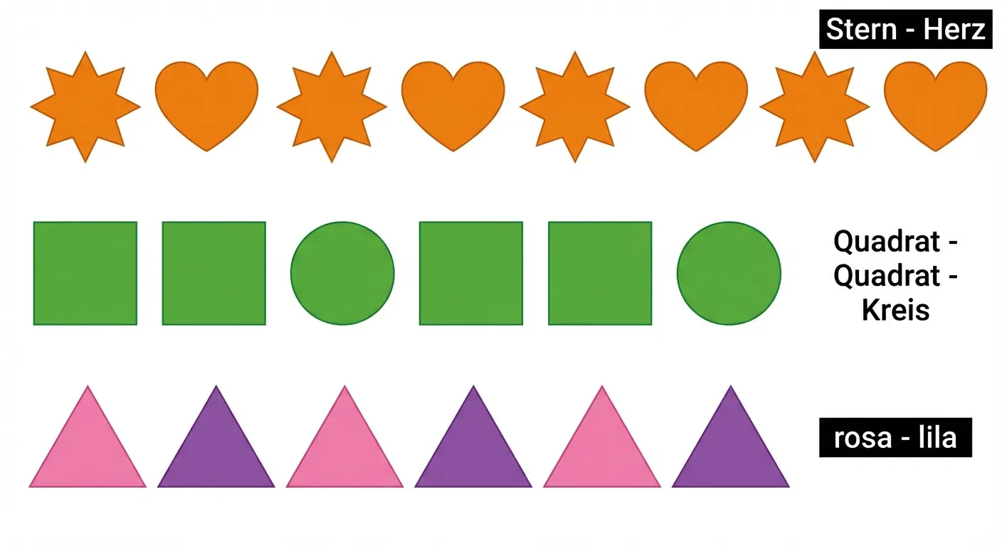 Zeige drei verschiedene Muster übereinander.

**Aufbau:**
- Drei Reihen mit jeweils einem Muster

**Reihe 1 (Muster 1):**
- 8 Formen: Stern, Herz, Stern, Herz, Stern, Herz, Stern, Herz
- Alle in Orange
- Beschriftung rechts: 