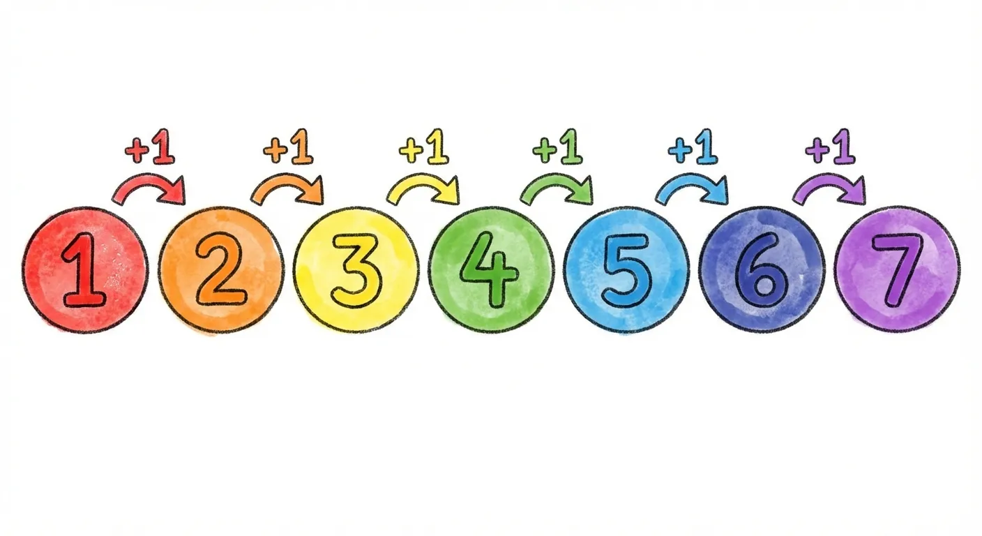 Zeige eine farbenfrohe Zahlenreihe von 1 bis 7.

**Aufbau:**
- 7 bunte Kreise in einer horizontalen Reihe
- In jedem Kreis eine Zahl: 1, 2, 3, 4, 5, 6, 7
- Kleine geschwungene Pfeile zwischen den Kreisen
- Über jedem Pfeil steht: +1

**Gestaltung:**
- Jeder Kreis in einer anderen hellen Farbe (Regenbogenfarben)
- Große, klar lesbare Zahlen
- Kinderfreundlicher, fröhlicher Stil für 2. Klasse
- Weißer Hintergrund
