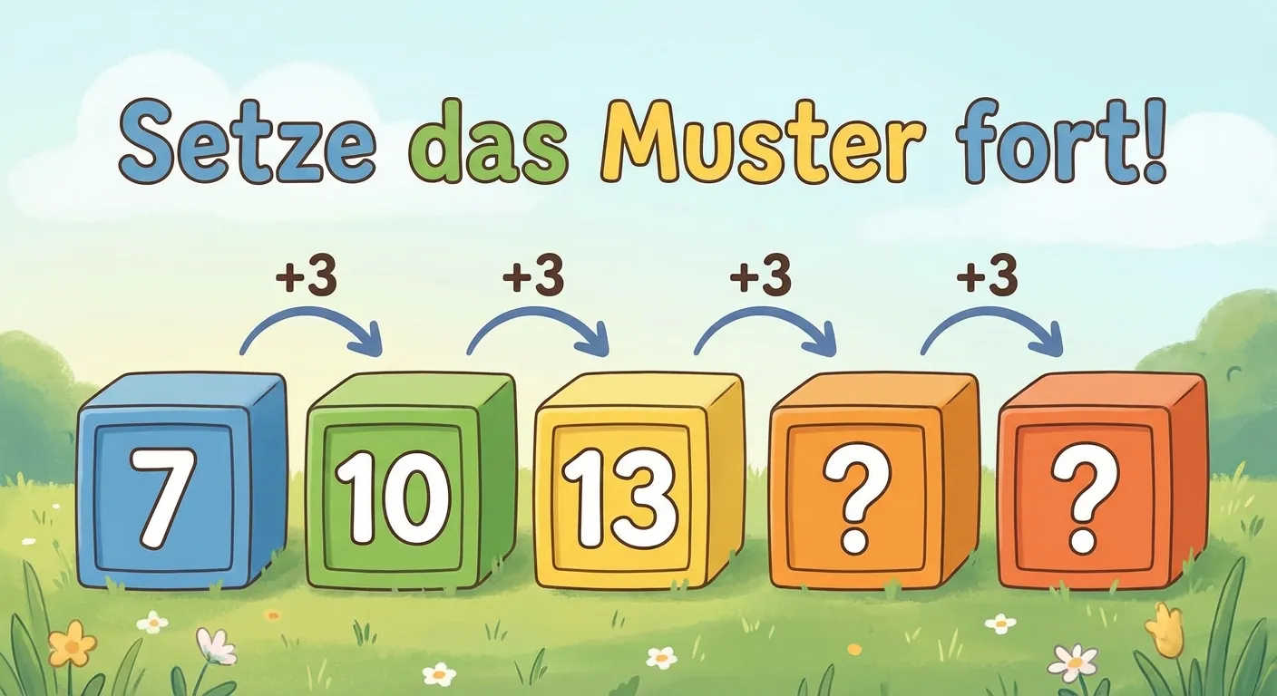Zeige ein Beispiel zum Muster fortsetzen.

**Aufbau:**
- Fünf bunte Kästen in einer Reihe
- In den ersten drei Kästen: 7, 10, 13
- Die letzten zwei Kästen haben Fragezeichen: ?, ?
- Zwischen allen Kästen: Pfeile mit +3
- Überschrift: **Setze das Muster fort!**

**Gestaltung:**
- Bunte Kästen (z.B. blau, grün, gelb)
- Fragezeichen-Kästen in einer anderen Farbe (z.B. orange)
- Große, klar lesbare Zahlen
- Kinderfreundlicher, einladender Stil