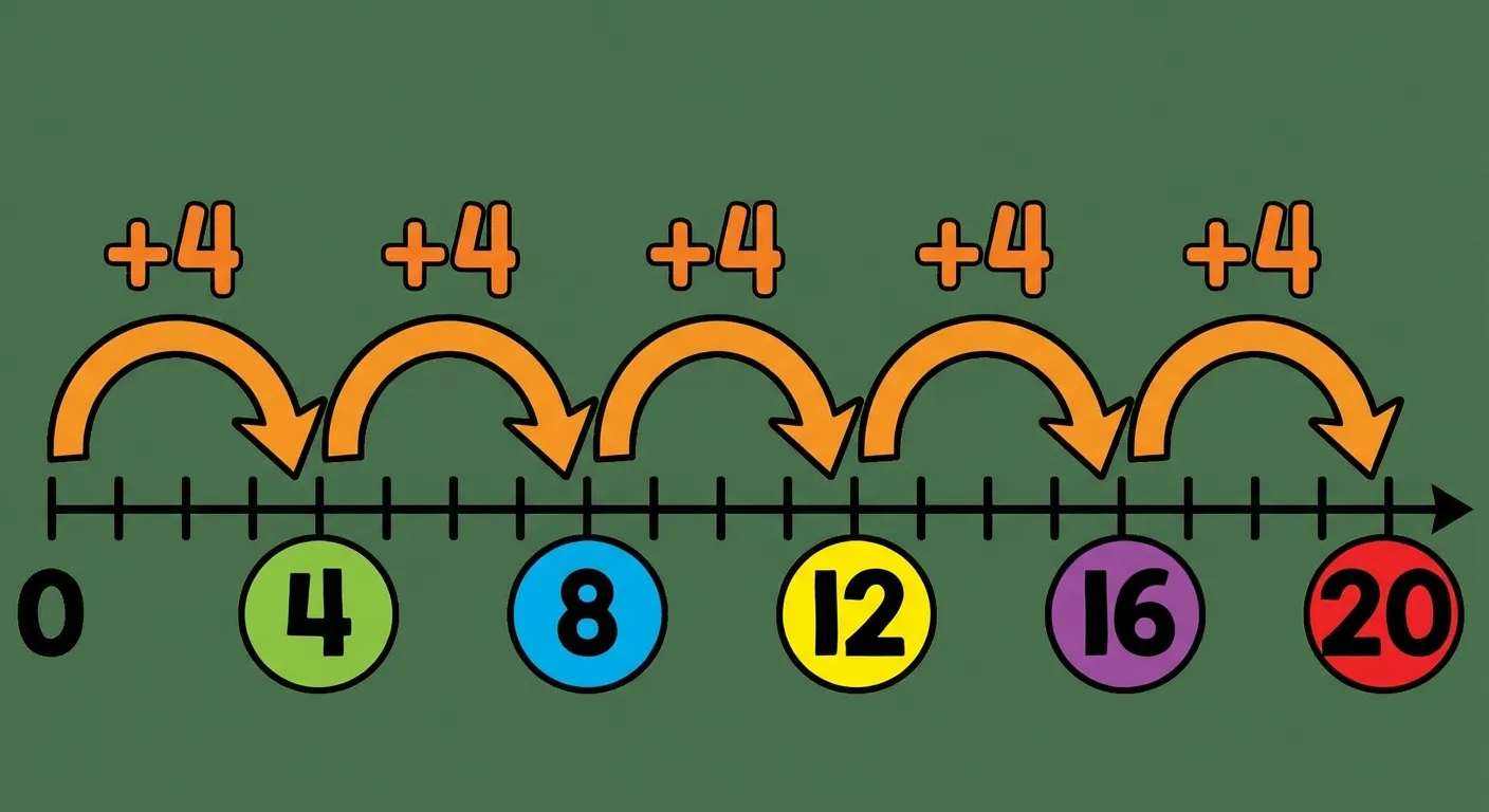 Zeige einen Zahlenstrahl mit +4 Sprüngen.

**Aufbau:**
- Horizontaler Zahlenstrahl von 0 bis 20
- Markierungen bei 0, 4, 8, 12, 16, 20
- Gebogene Pfeile über dem Zahlenstrahl zeigen die Sprünge
- Jeder Pfeil ist mit +4 beschriftet
- Die Zahlen 4, 8, 12, 16, 20 sind farbig hervorgehoben

**Gestaltung:**
- Bunte Sprungpfeile (z.B. orange oder grün)
- Große, klar lesbare Zahlen
- Hervorgehobene Zahlen in bunten Kreisen
- Übersichtlicher Diagrammstil für 2. Klasse