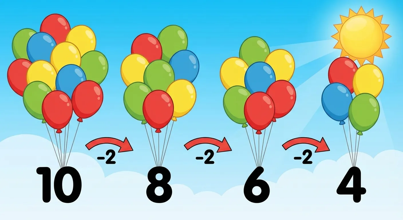 Zeige ein Subtraktionsmuster mit Ballons.

**Aufbau:**
- Vier Gruppen von bunten Ballons in einer Reihe
- Erste Gruppe: 10 Ballons, darunter die Zahl 10
- Zweite Gruppe: 8 Ballons, darunter die Zahl 8
- Dritte Gruppe: 6 Ballons, darunter die Zahl 6
- Vierte Gruppe: 4 Ballons, darunter die Zahl 4
- Zwischen den Gruppen: Pfeile mit -2

**Gestaltung:**
- Bunte Luftballons (rot, blau, gelb, grün gemischt)
- Große, klar lesbare Zahlen unter jeder Gruppe
- Absteigende Anzahl ist gut sichtbar
- Kinderfreundlicher, fröhlicher Illustrationsstil
- Heller Himmel als Hintergrund