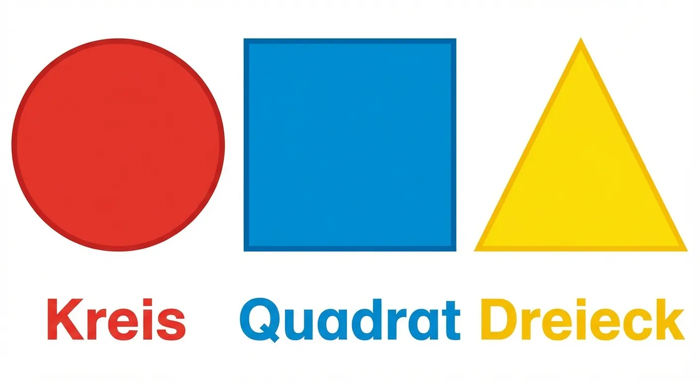 Zeige die drei wichtigsten geometrischen Grundformen.

**Aufbau:**
- 3 große Formen nebeneinander mit Abstand
- Von links nach rechts: Kreis, Quadrat, Dreieck
- Unter jeder Form steht groß und klar ihr Name

**Gestaltung:**
- Kreis in Rot mit der Beschriftung „Kreis“
- Quadrat in Blau mit der Beschriftung „Quadrat“
- Dreieck in Gelb mit der Beschriftung „Dreieck“
- Große, klar lesbare Beschriftungen
- Helle, freundliche Farben
- Einfacher, klarer Stil für 2. Klasse
- Weißer Hintergrund