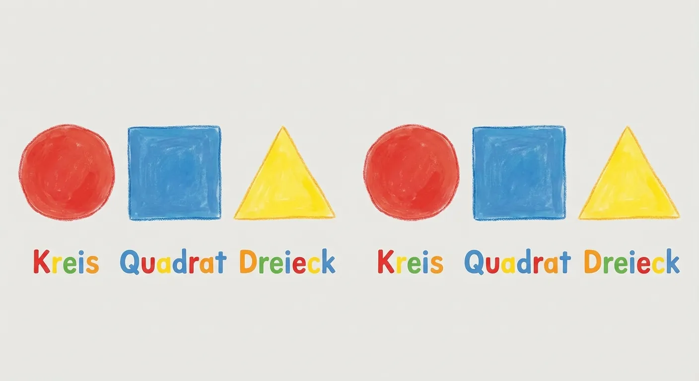 Zeige ein einfaches geometrisches Muster in einer horizontalen Reihe.

**Aufbau:**
- 6 Formen in einer Reihe von links nach rechts
- Die Reihenfolge: Kreis, Quadrat, Dreieck, Kreis, Quadrat, Dreieck
- Jede Form ist etwa gleich groß
- Unter jeder Form steht ihr Name: Kreis, Quadrat, Dreieck

**Gestaltung:**
- Kreis in Rot
- Quadrat in Blau
- Dreieck in Gelb
- Große, klar erkennbare Formen
- Kinderfreundlicher, fröhlicher Illustrationsstil
- Weißer oder hellgrauer Hintergrund