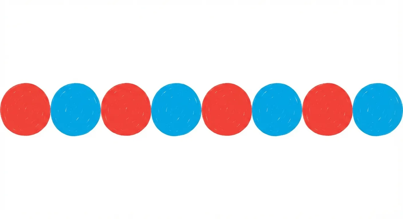 Zeige ein einfaches Farbmuster mit gleichen Formen.

**Aufbau:**
- 8 Kreise in einer horizontalen Reihe
- Alle Kreise sind gleich groß
- Farben wechseln ab: Rot, Blau, Rot, Blau, Rot, Blau, Rot, Blau

**Gestaltung:**
- Große, klar erkennbare Kreise
- Leuchtend Rot und Blau abwechselnd
- Freundlicher, bunter Illustrationsstil
- Weißer Hintergrund