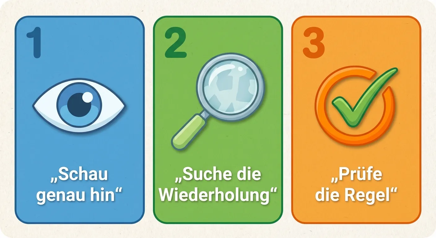 Zeige die drei Schritte als einfache Anleitung.

**Aufbau:**
- Drei nummerierte Kästen untereinander oder nebeneinander
- Kasten 1: Auge-Symbol mit Text „Schau genau hin“
- Kasten 2: Lupe-Symbol mit Text „Suche die Wiederholung“
- Kasten 3: Häkchen-Symbol mit Text „Prüfe die Regel“

**Gestaltung:**
- Jeder Kasten in einer anderen Farbe (Blau, Grün, Orange)
- Große Zahlen 1, 2, 3
- Einfache, klare Symbole
- Kinderfreundlicher Stil
- Große, lesbare Texte