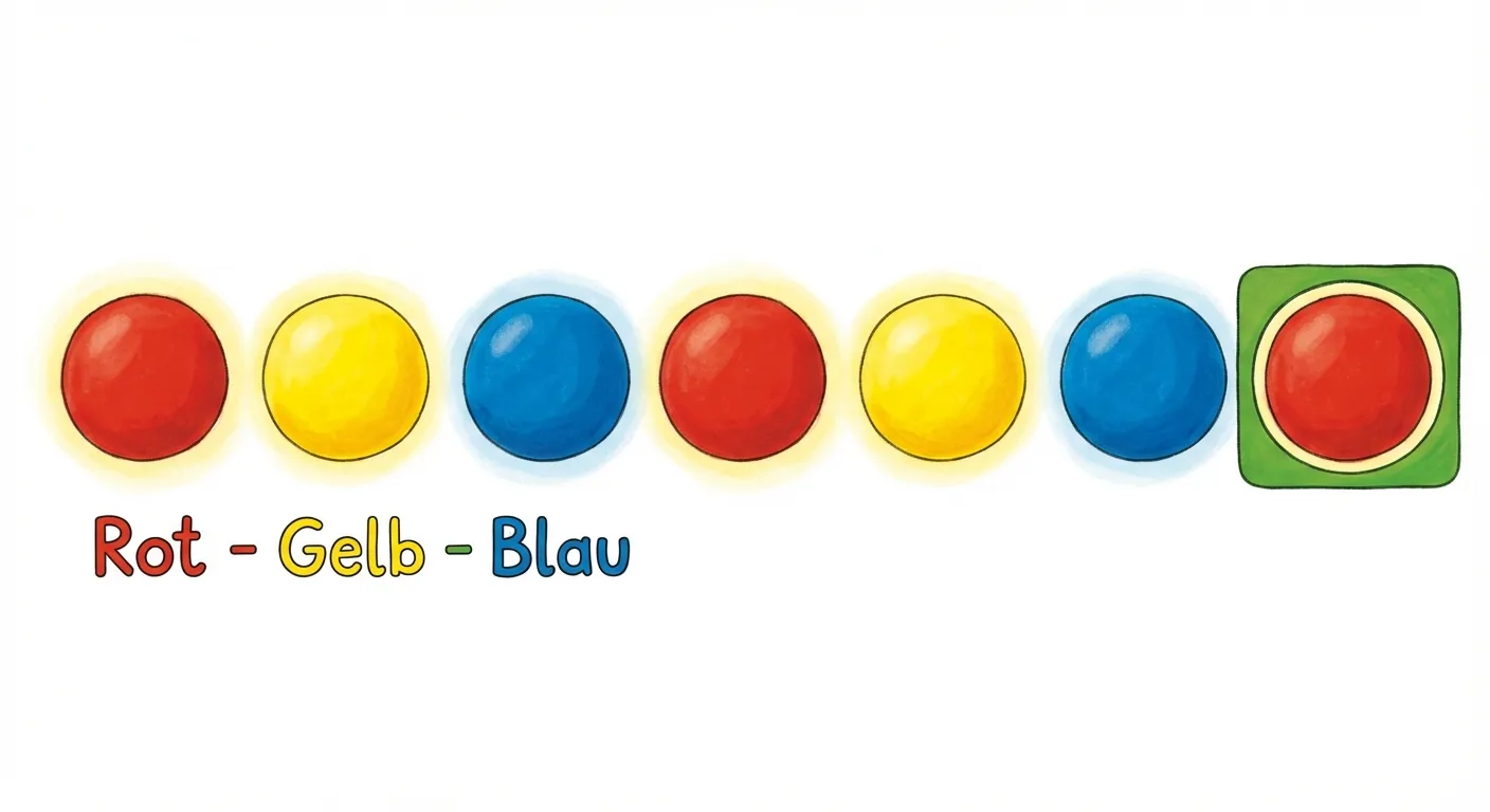 Zeige ein Farbmuster mit drei Farben.

**Aufbau:**
- 7 Kreise in einer horizontalen Reihe
- Alle Kreise sind gleich groß
- Farben: Rot, Gelb, Blau, Rot, Gelb, Blau, Rot
- Der 7. Kreis (Rot) hat einen grünen Rahmen zur Hervorhebung

**Gestaltung:**
- Leuchtende, klare Farben
- Große Kreise
- Unter den ersten drei Kreisen steht: „Rot - Gelb - Blau“
- Freundlicher Illustrationsstil für 2. Klasse
- Weißer Hintergrund