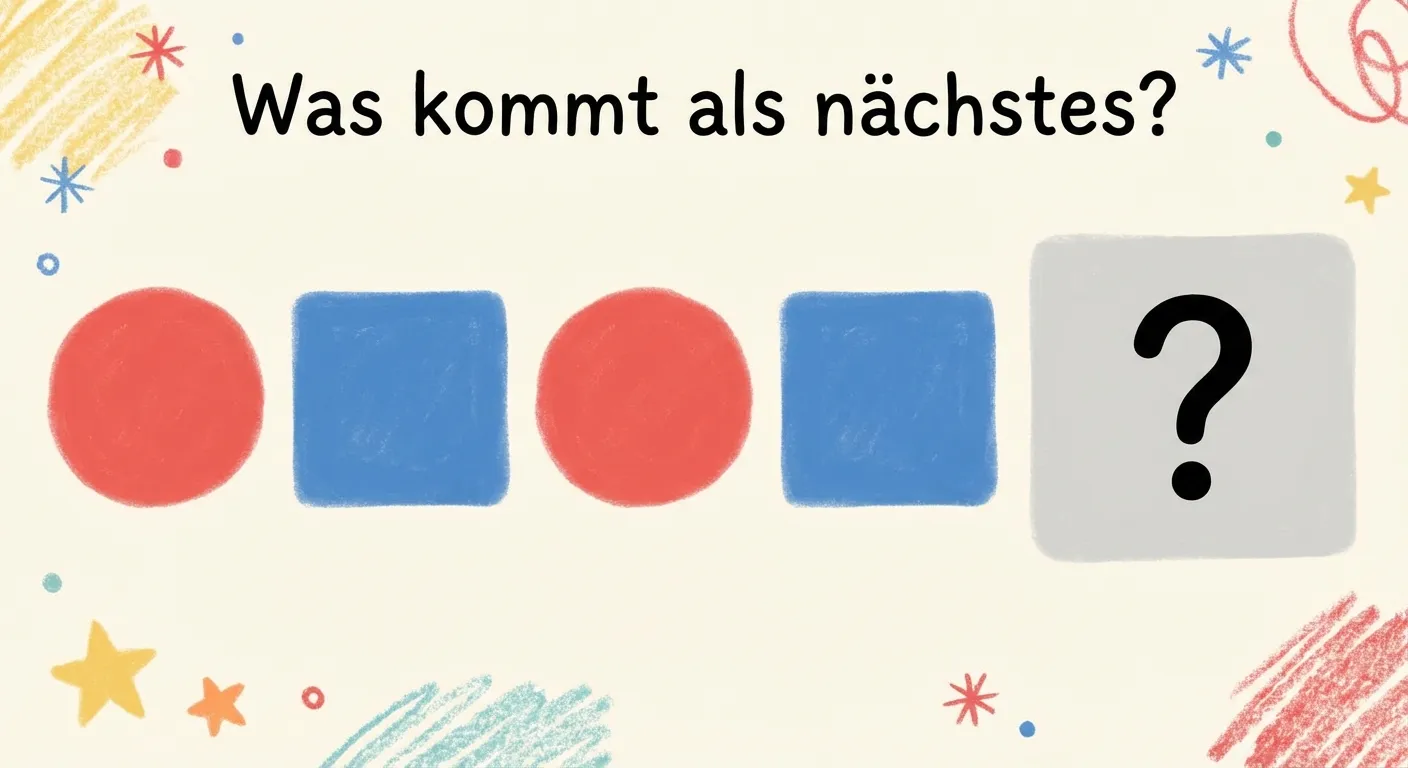 Zeige ein Muster mit einer Lücke zum Fortsetzen.

**Aufbau:**
- 5 Positionen in einer horizontalen Reihe
- Position 1: Roter Kreis
- Position 2: Blaues Quadrat
- Position 3: Roter Kreis
- Position 4: Blaues Quadrat
- Position 5: Großes Fragezeichen in einem grauen Kasten

**Gestaltung:**
- Große, klar erkennbare Formen
- Fragezeichen in Grau oder Schwarz
- Überschrift: „Was kommt als nächstes?“
- Kinderfreundlicher Illustrationsstil
- Heller Hintergrund