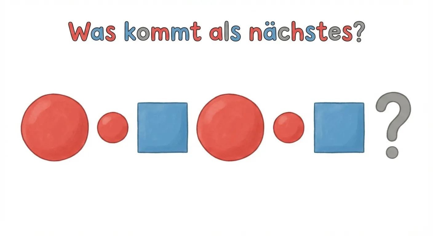 Zeige ein Dreier-Muster mit Größen.

**Aufbau:**
- 6 Formen in einer horizontalen Reihe
- Reihenfolge: großer roter Kreis, kleiner roter Kreis, blaues Quadrat, großer roter Kreis, kleiner roter Kreis, blaues Quadrat
- Fragezeichen als 7. Position

**Gestaltung:**
- Großer Kreis etwa doppelt so groß wie kleiner Kreis
- Kreise in Rot, Quadrate in Blau
- Fragezeichen am Ende in Grau
- Überschrift: „Was kommt als nächstes?“
- Kinderfreundlicher Stil
- Weißer Hintergrund