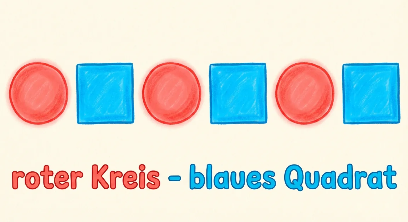 Zeige ein kombiniertes Muster aus Formen und Farben.

**Aufbau:**
- 6 Formen in einer horizontalen Reihe
- Reihenfolge: roter Kreis, blaues Quadrat, roter Kreis, blaues Quadrat, roter Kreis, blaues Quadrat
- Alle Formen sind etwa gleich groß

**Gestaltung:**
- Kreise in leuchtendem Rot
- Quadrate in leuchtendem Blau
- Große, klar erkennbare Formen
- Unter dem Muster steht: „roter Kreis - blaues Quadrat“
- Freundlicher Stil für 2. Klasse
- Heller Hintergrund
