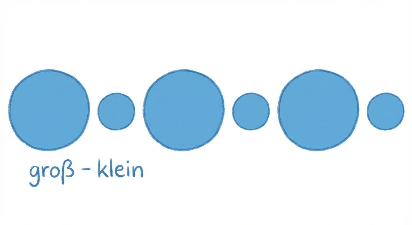 Zeige ein Größenmuster mit Kreisen.

**Aufbau:**
- 6 Kreise in einer horizontalen Reihe
- Abwechselnd: großer Kreis, kleiner Kreis, großer Kreis, kleiner Kreis, großer Kreis, kleiner Kreis
- Alle Kreise sind blau
- Der große Kreis ist etwa doppelt so groß wie der kleine

**Gestaltung:**
- Alle Kreise in der gleichen blauen Farbe
- Klarer Größenunterschied zwischen groß und klein
- Unter den ersten zwei Kreisen steht: „groß - klein“
- Kinderfreundlicher Illustrationsstil
- Weißer Hintergrund